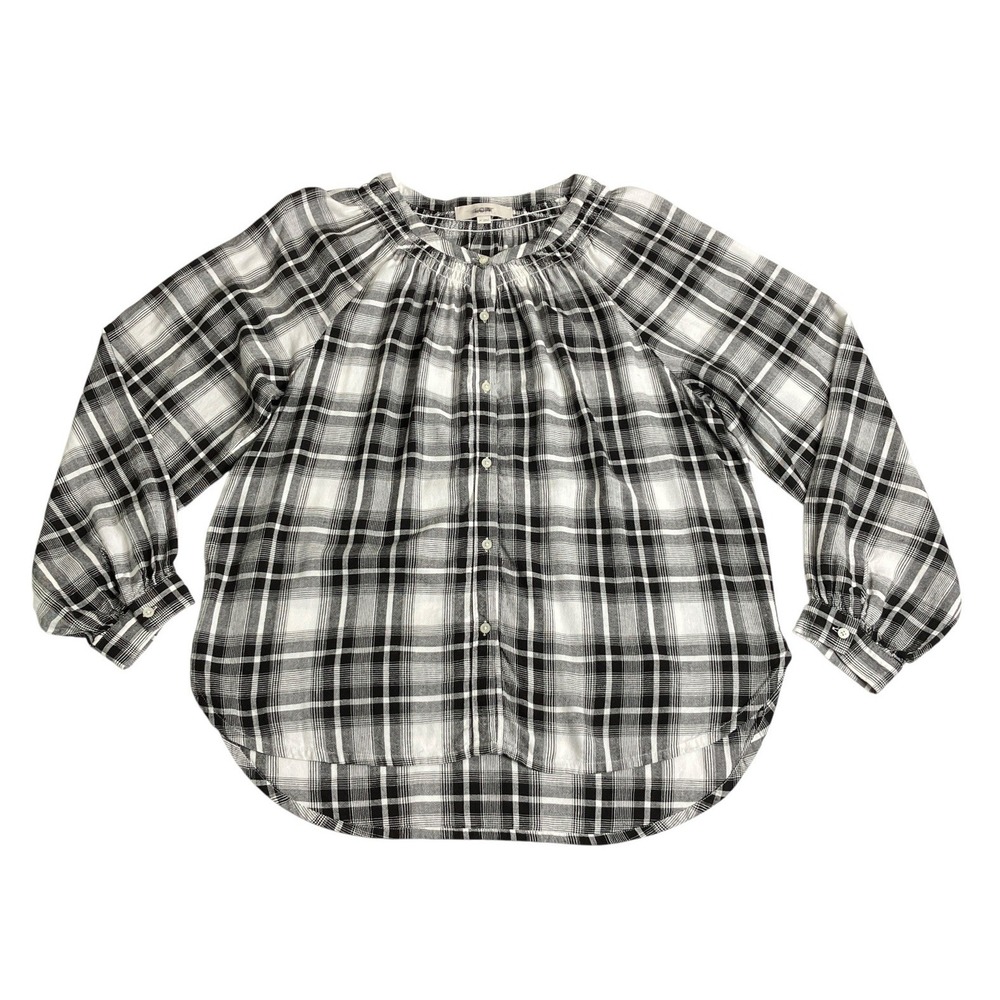 Loft Plaid Top Womens M Black White Mandarin Neck Long Sleeve Linen Rayon Button